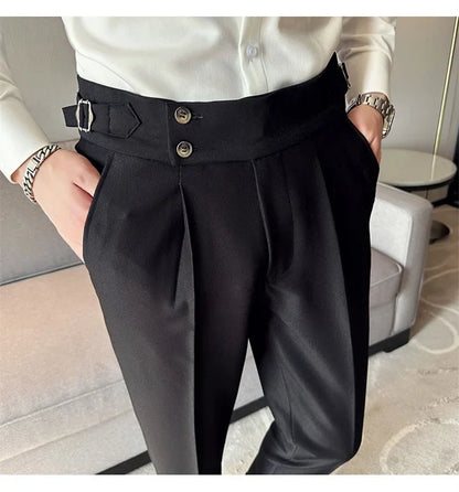 Pure Color Male Business Wedding Dress Pants Fashion Unique Design Men Waist Adjustable Suit Pant No Belt Slim Trousers Homme