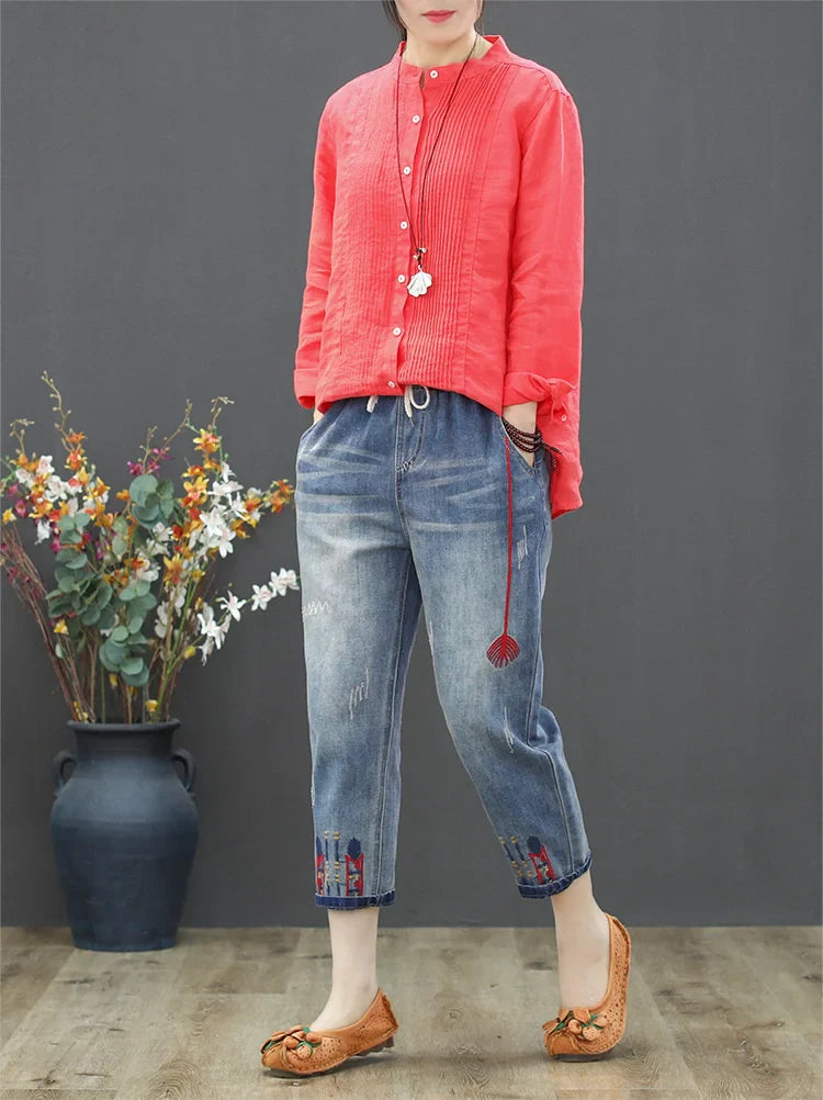 Fashion Summer Ladies Ripped Loose Jeans Womens Leisure Embroidery Denim Trousers Vintage Females Elastic Harem Pants