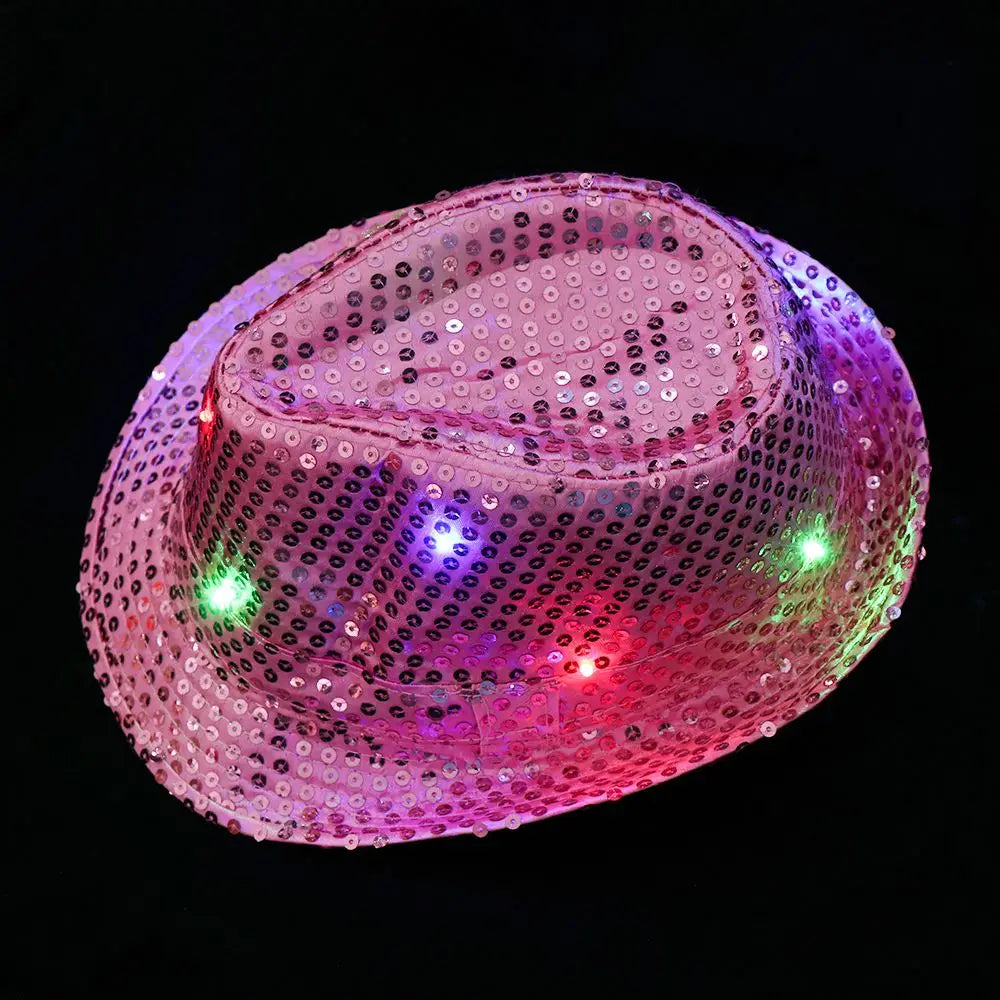 Unisex Light Up Flashing Led Fedora Trilby Jazz Hat Panama Cap Sequin