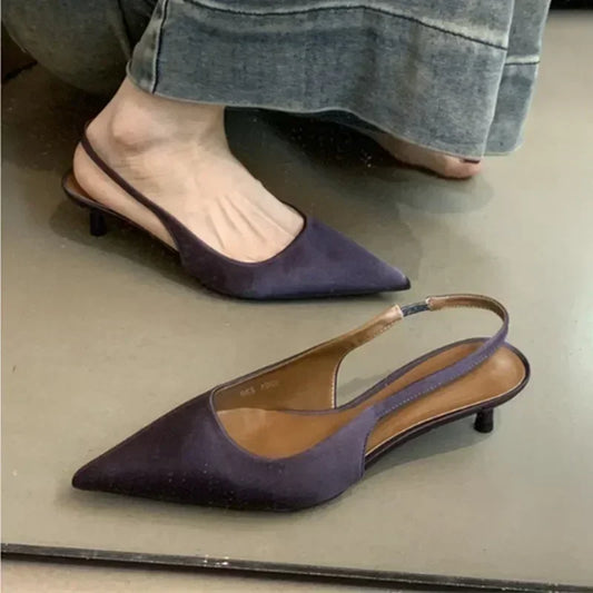 Elegant Purple Satin Low Heel Women Pumps Sexy Pointed Toe High Heels for Women Hollow Back Strap Mules Fashion Party Dress Shoe