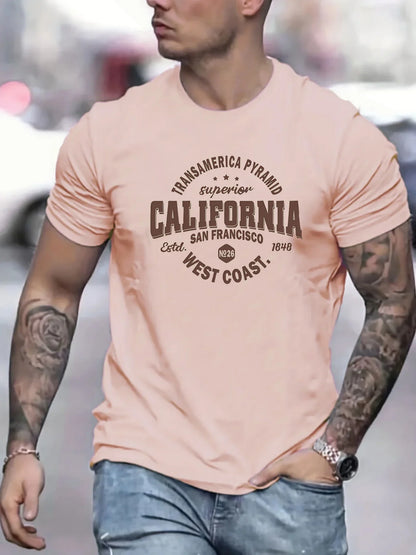Men's 100% cotton casual sports loose fit California West Coast print round neck short sleeved T-shirt top