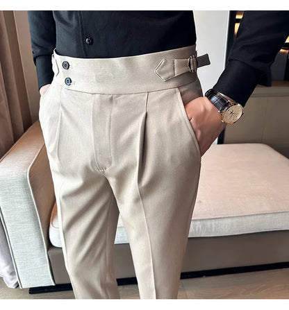 Autumn Winter High Waist Business Dress Pants Men Casual Belt Design Slim Suit Pants Formal Wedding Social Party Male Trousers