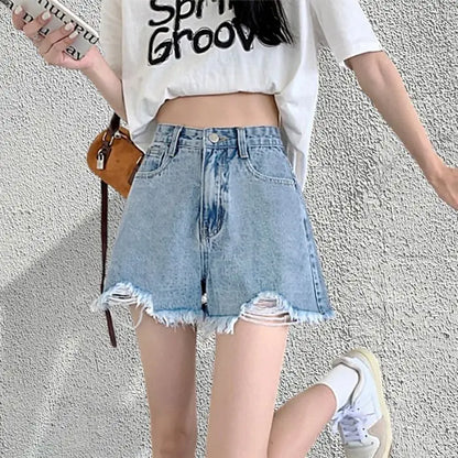Black High-Waist A-Line Wide Leg Jeans Shorts for Women Summer 2026 Trendy Loose Fit Slimming Hot Pants Ladies Denim