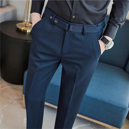 Fashion Belt Decoration Design Men's Suit Pants High Quality Business Slim Fit Casual Straight Formal Wedding Party Trousers