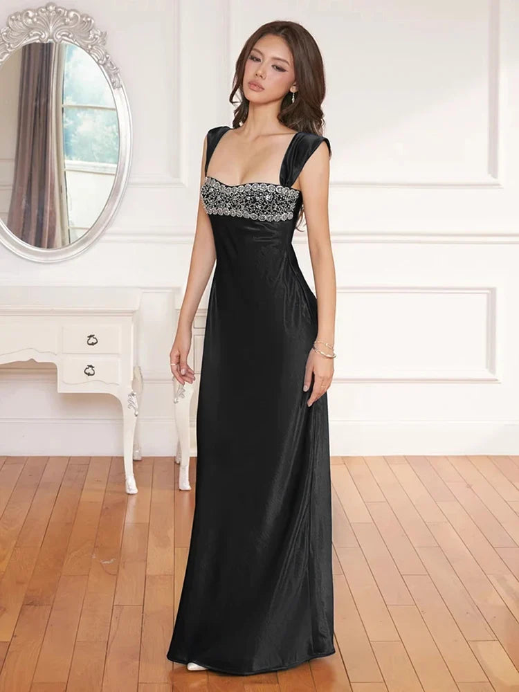 Elegant Strap Dress Women Low-Neck Patchwork Classic Evening Sexy Stain Valentine's Day Dating Slim Coquette Long Bodycon