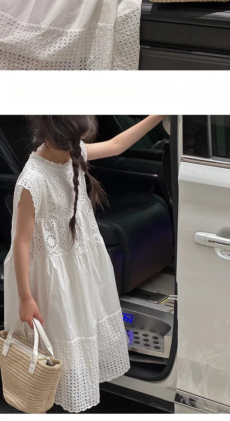 Cotton Medium To Large Children's Clothing Lace White Dress Girls' Princess Little Fresh Vest Dress 2025 Summer New Style