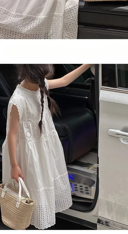 Cotton Medium To Large Children's Clothing Lace White Dress Girls' Princess Little Fresh Vest Dress 2025 Summer New Style