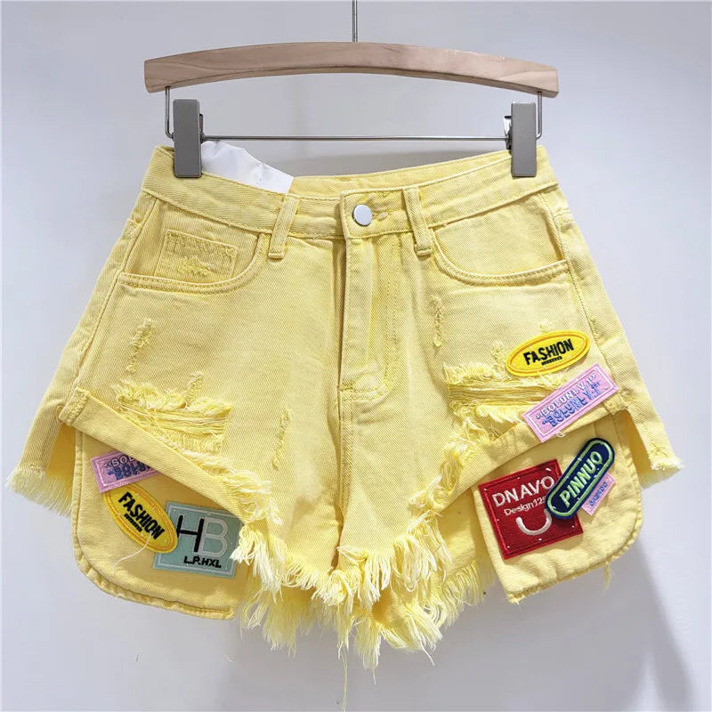 New Trendy Women's Spliced Hole Burr Edge Denim Shorts 2025 Summer Fashion High Waist A-line Short Pants Female 1LS2103