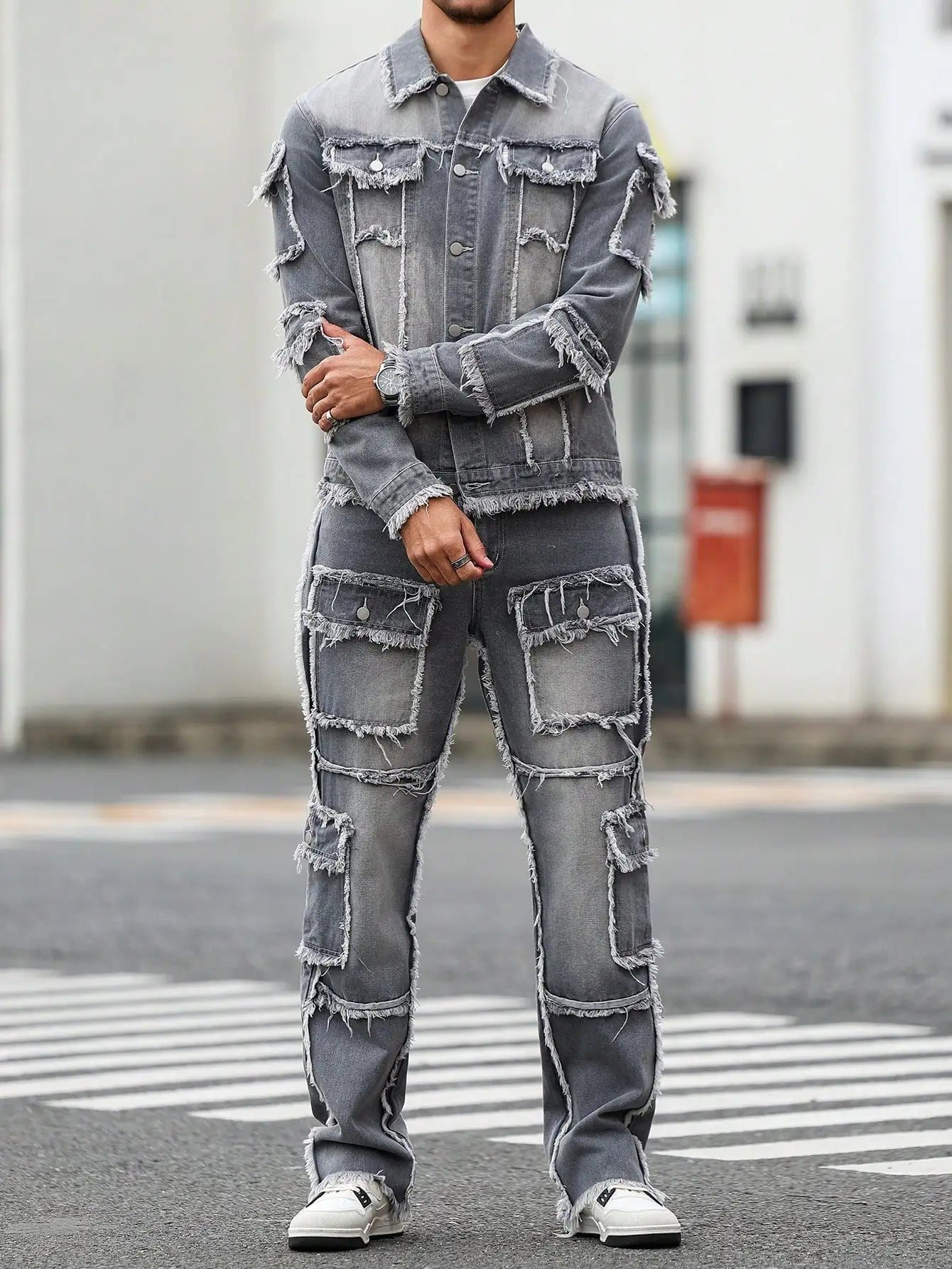 Men's Street Style Casual Distressed Raw-Hem Grey Denim Set, a Minimalist and Fashionable Two-Piece Ensemble.