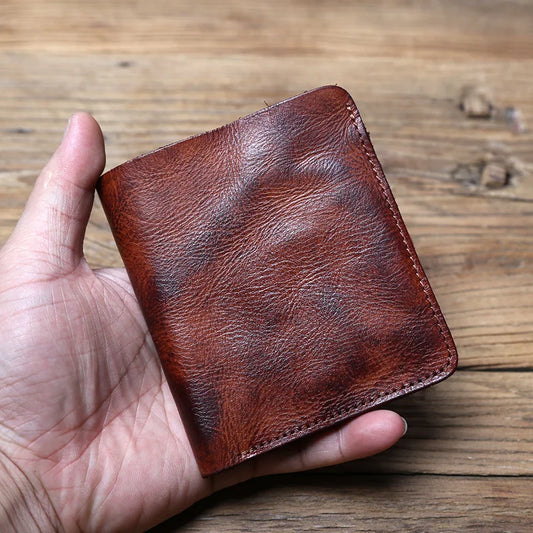 Portefeuille en cuir pour hommes, rétro, en cuir de vachette première couche, porte-documents vertical, court, ultra-mince pour jeunes hommes et femmes, porte-monnaie.