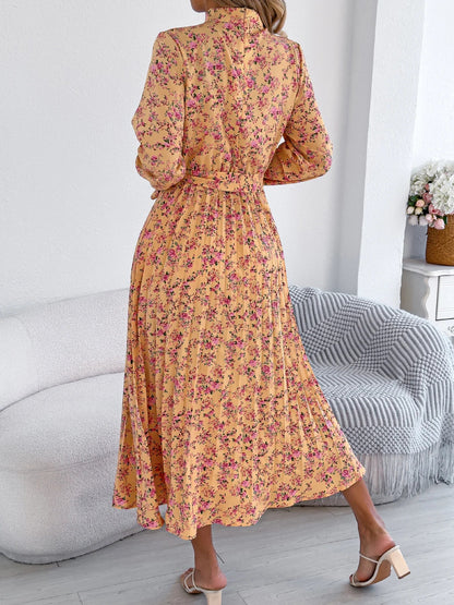 Floral Stand Up Collar Bridesmaid Dress 2026 Spring Summer Elegant Long Sleeve Waist Cinched Pleated Dresses Valentine's Day