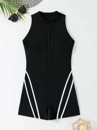 2026 Solid Sleeveless Plus Size Swimwear Women Zipper Push Up Large One Piece Swimsuit Summer Beach Chubby Bathing Suit