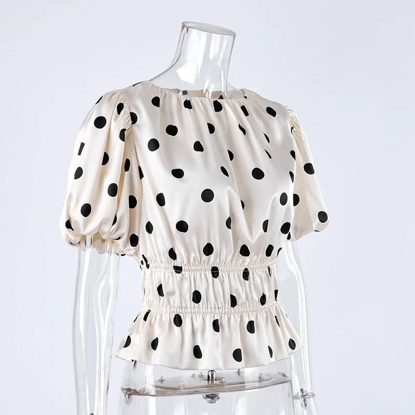 Vintage Polka Dot Puff Sleeve Woman Blouse 2026 Street Chic Ruched O Neck Shirts Female Summer Casual Ruffles Tops Women