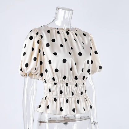 Vintage Polka Dot Puff Sleeve Woman Blouse 2026 Street Chic Ruched O Neck Shirts Female Summer Casual Ruffles Tops Women