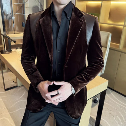 Autumn Winter New Men Mercerized Velvet Slim Fit Suit Coats Fashion Leather Splicing Casual Business Formal Party Tailcoat 4XL-M