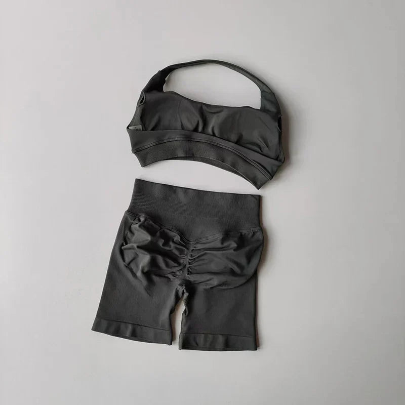 Sexy Halter Neck Beautiful Back High Waist Peach Sports Bras Shorts Suit Pilates Gathering Yoga Vest Training Fitness Bra Sets