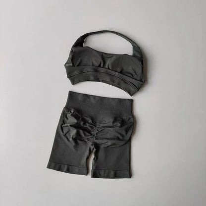 Sexy Halter Neck Beautiful Back High Waist Peach Sports Bras Shorts Suit Pilates Gathering Yoga Vest Training Fitness Bra Sets