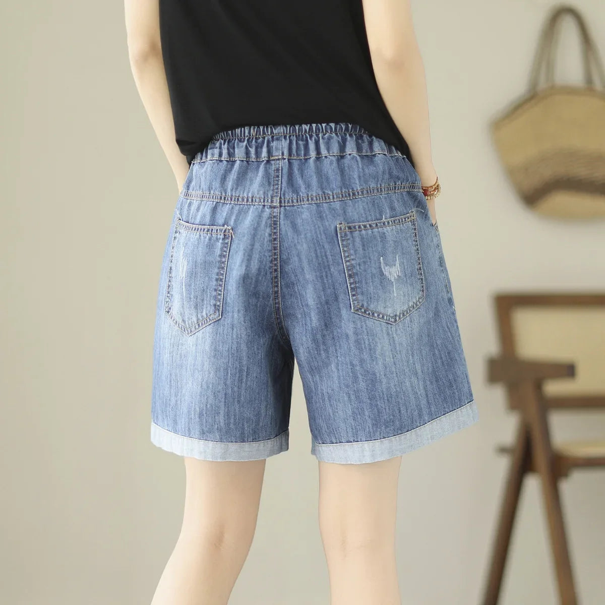 Embroider Shorts Jean For Women Summer Japanese Style Ethnic Elastic Waist Blue Flowers Embroidery Denim Shorts y2k