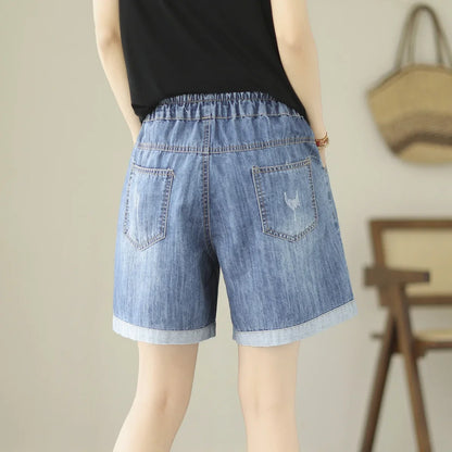 Embroider Shorts Jean For Women Summer Japanese Style Ethnic Elastic Waist Blue Flowers Embroidery Denim Shorts y2k