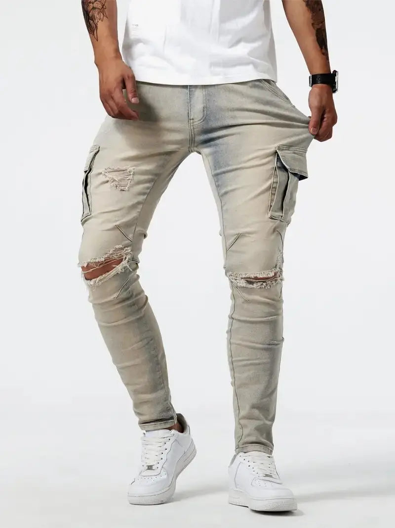New men's jeans elastic slim fit pants street wear classic ripped cat whiskers casual jeans tight zipper denim clothing black bl
