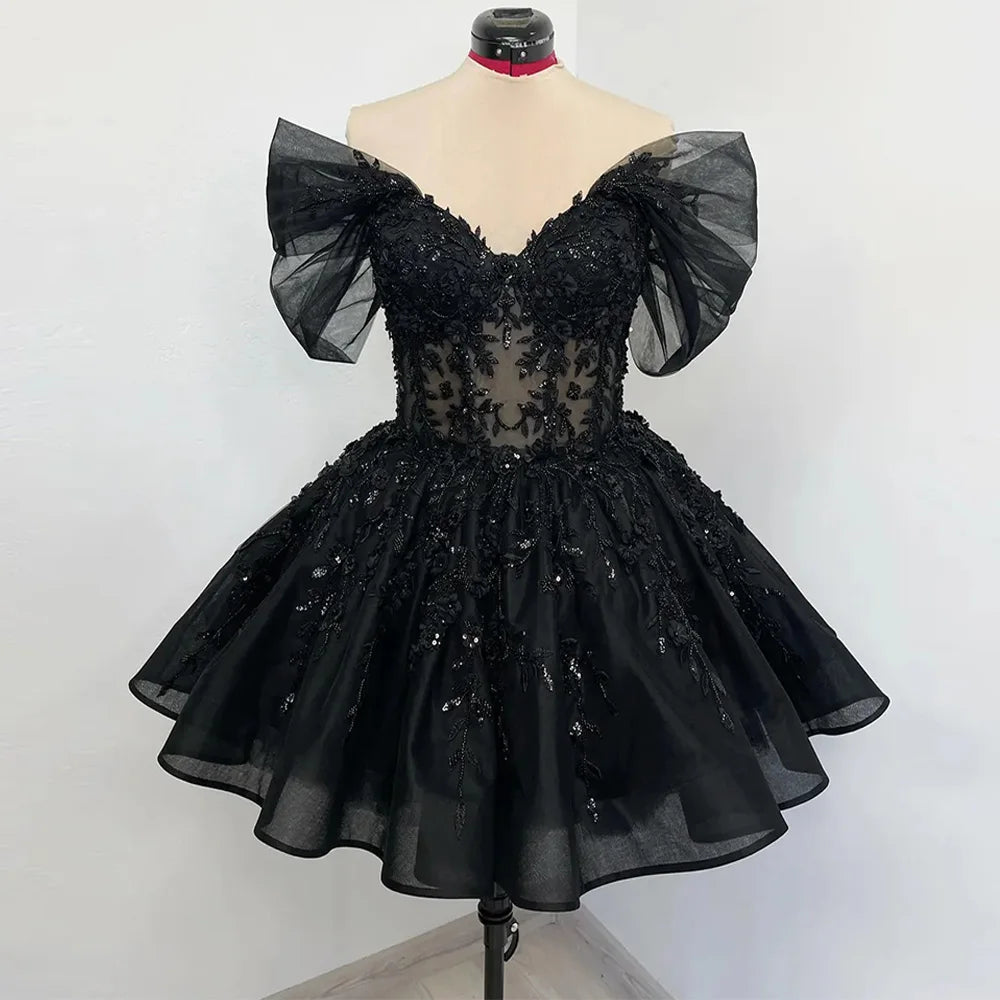 Short Gothic Wedding Dress Customized Off The Shoulder V Neck See Through Beading Applique Bridal Gown Little Black Dresses