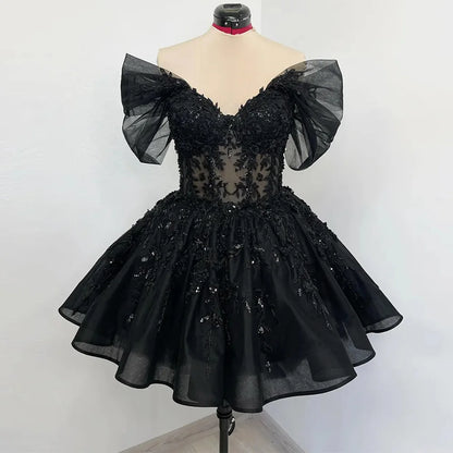 Short Gothic Wedding Dress Customized Off The Shoulder V Neck See Through Beading Applique Bridal Gown Little Black Dresses