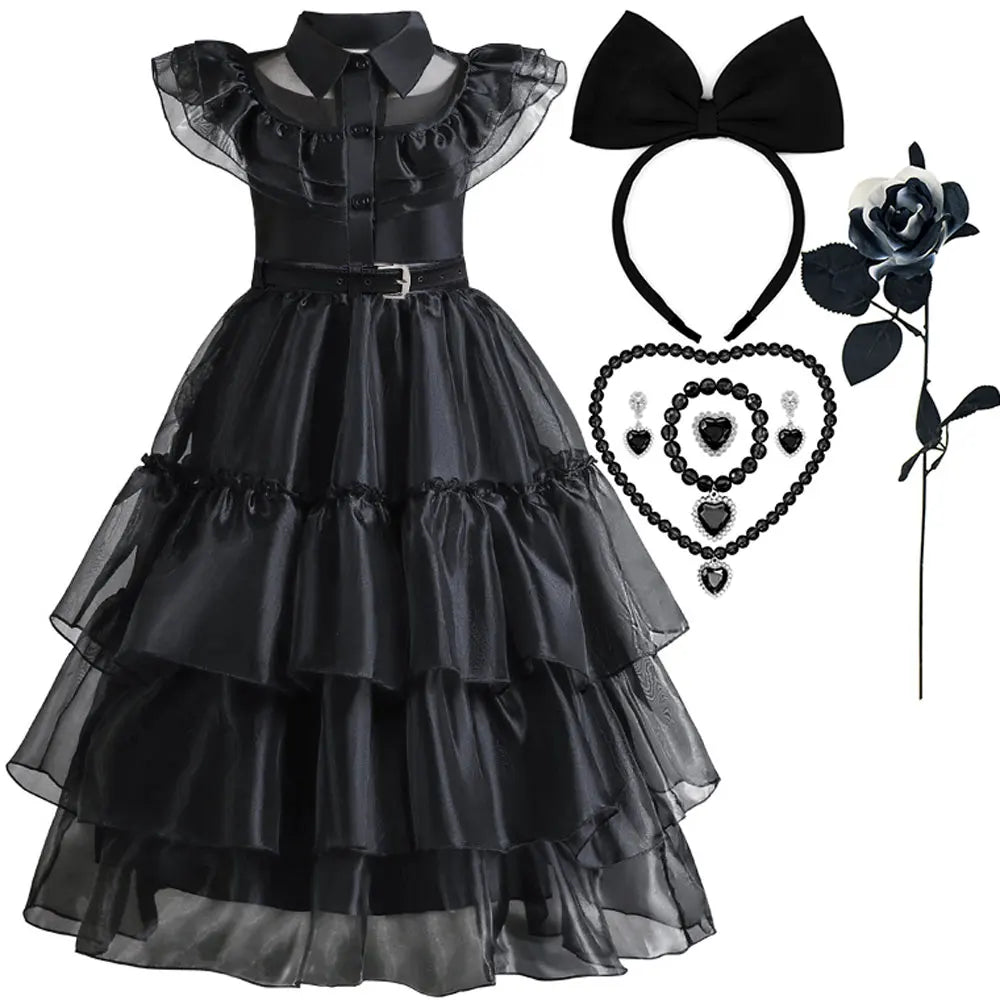 2026 Halloween Festival Popular Black Dress Girls Cosplay Short Sleeve Ruffles Clothing With Belt + Accessories Set Gift