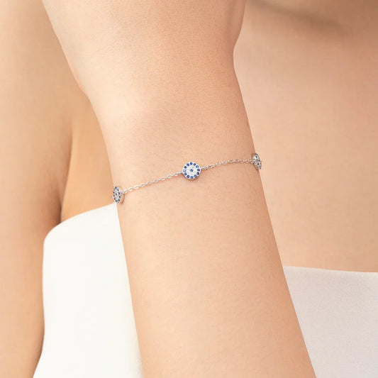 Authentique bracelet en argent sterling 925, yeux bleus, chaîne maillons mode pour femme, cadeau d'anniversaire Fête des Mères, bijoux fins