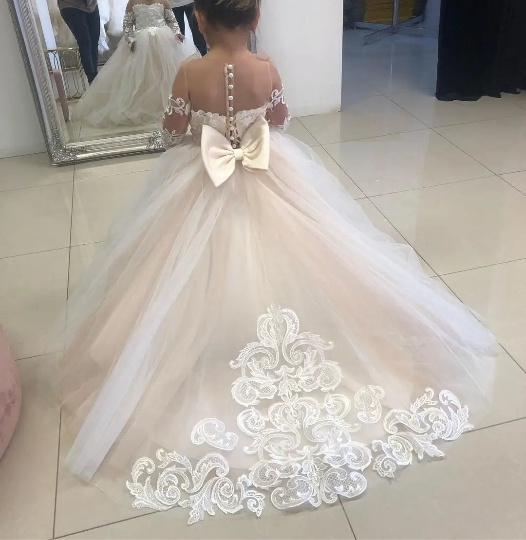 Flower Girl Dresses For Weddings Long Sleeve Lace Tulle Bow Back Children's Elegant Dress vestidos para niñas