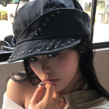 Black Studded Beret Cap with Rivet Trim Edgy Style Hat for Outdoor Travel Hiking Camping Berets