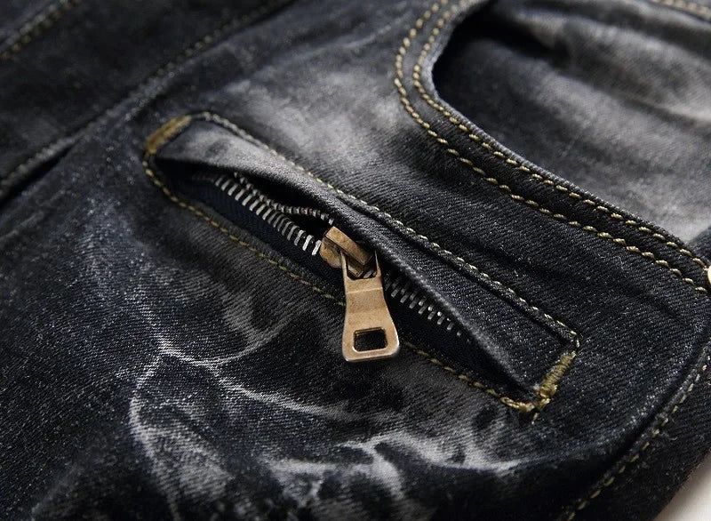 Zipper Pocket Retro Nostalgic Jeans Men's New Style High Street Motorcycle Fashion Stretch Slim Straight Denim Trousers Male