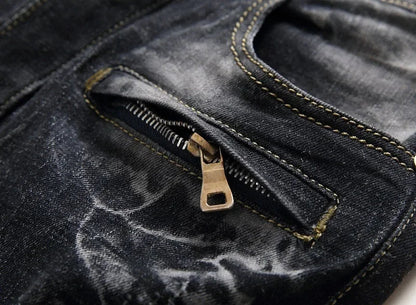 Zipper Pocket Retro Nostalgic Jeans Men's New Style High Street Motorcycle Fashion Stretch Slim Straight Denim Trousers Male