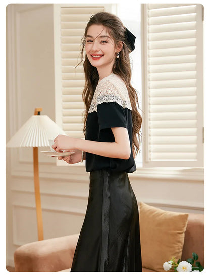 Women's Shirt 2025 Summer Shoulder Hollow Lace Design T-shirt Elegant Temperament Round Neck Short Sleeve Thin Shirt