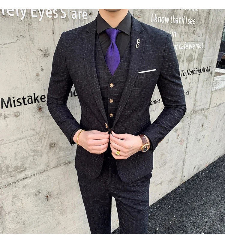 High Quality Slim-fit Men's Three-piece Suit with Vest And Trousers - Double Buckle Wedding Art Fabric Tough Man Suit