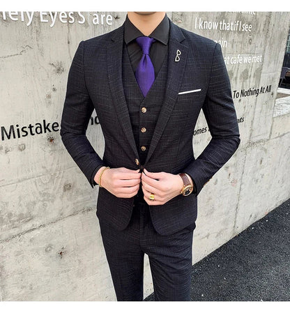 High Quality Slim-fit Men's Three-piece Suit with Vest And Trousers - Double Buckle Wedding Art Fabric Tough Man Suit