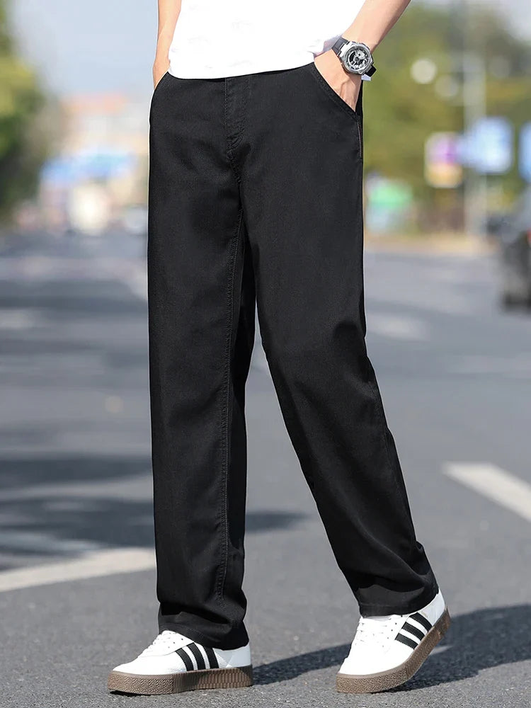 Loose Wide-leg Men's Thin Jeans Lyocell Soft Drape Fabric Comfort Trousers Spring Summer Fashion Brand Washing Denim Pants