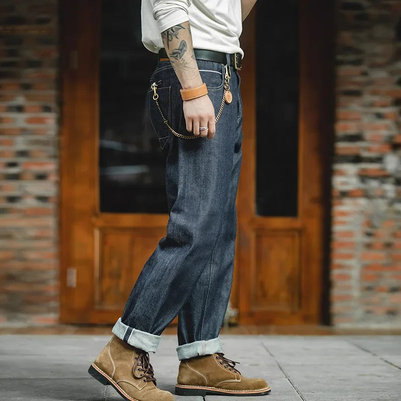 Vintage 13.5oz Heavyweight Denim Jeans Washed Straight Mid Waist Pants Men's Indigo Selvedge Raw Denim Jeans for Autumn