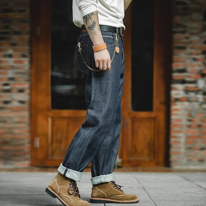 Vintage 13.5oz Heavyweight Denim Jeans Washed Straight Mid Waist Pants Men's Indigo Selvedge Raw Denim Jeans for Autumn