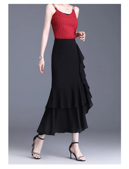 Fashion Irregular Fishtail Chiffon Skirts Elegant High Waist Summer Luxury Party Skirt Female Ruffles Long Skirts
