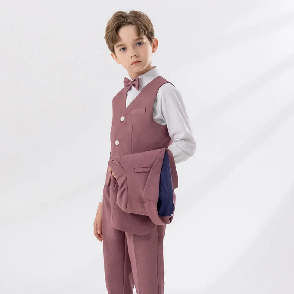Pink Handsome Boys Lapel Slim Fit Dresswear Suits Wedding Party Spring Autumn New Child Suit Set 4 Pieces For Activities