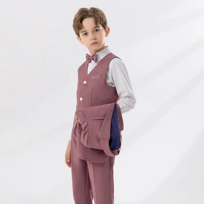 Pink Handsome Boys Lapel Slim Fit Dresswear Suits Wedding Party Spring Autumn New Child Suit Set 4 Pieces For Activities