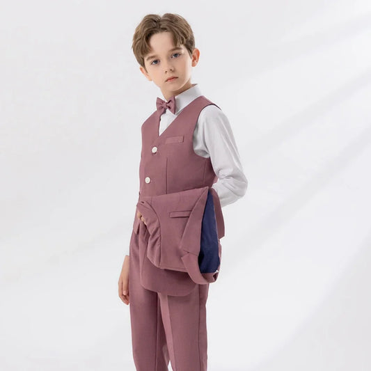 Pink Handsome Boys Lapel Slim Fit Dresswear Suits Wedding Party Spring Autumn New Child Suit Set 4 Pieces For Activities