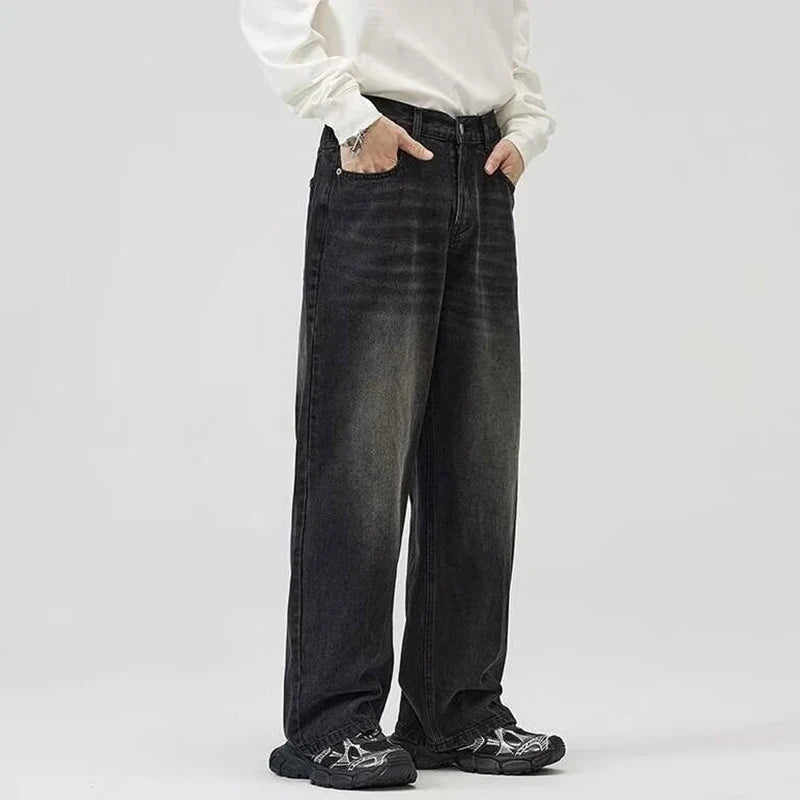 Male Classic America Hip Hop Rap Jeans Wide Leg Youth Popular Jeans Men Straight Leg Retro Loose Trousers Oversized Denim Pants