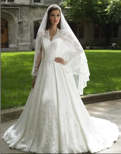 Free shipping A-line V-neck illusion High back stand-up collar Cotton lace cathedral train peplum Buttons zipper Wedding Dress