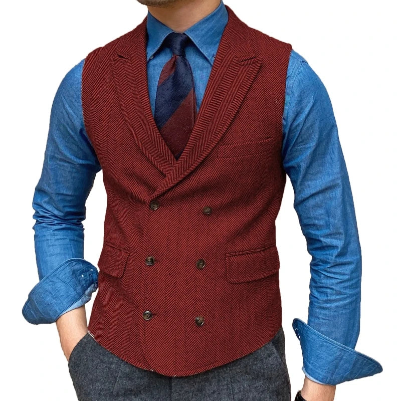 Men Vest Brown Herringbone With Lapel Waistcoat Vintage Regular Slim Business Banquet Business Casual Men Suit Vest