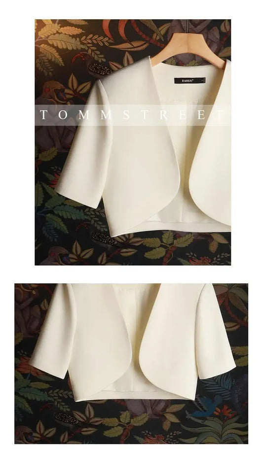 Casual Sle ort Sve Women's Suit Jaet  Size Gentle Wind Korean Version ort Coat Milk White Color V-Ne Polyest...