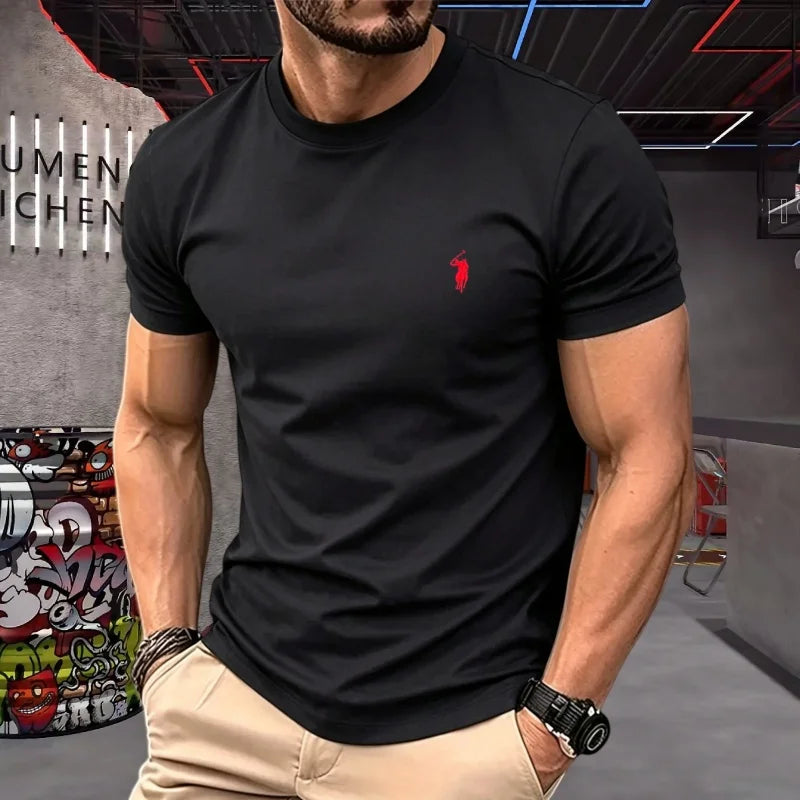 100% pure cotton high-quality brand round neck short sleeved men's 2026 summer fashion pony embroidery T-shirt casual sports top