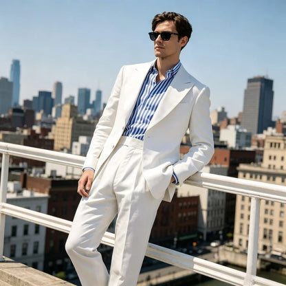 2 Pieces Summer Sage Green Linen Men Suits Relaxed Fit Peak Lapel Blazer With Pleated High Waist Pants For Casual Events