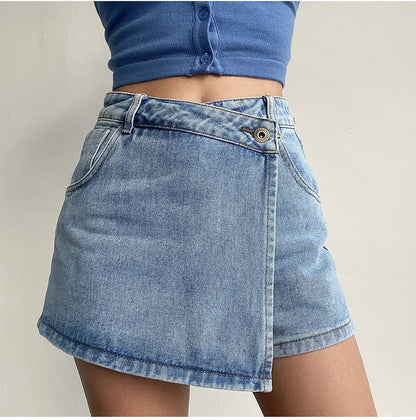 2026 Summer Women High Waist A-line Shorts Light Color Fake Two-piece Design Elegant Slimming Hot Girl Pants Denim Short Skirt