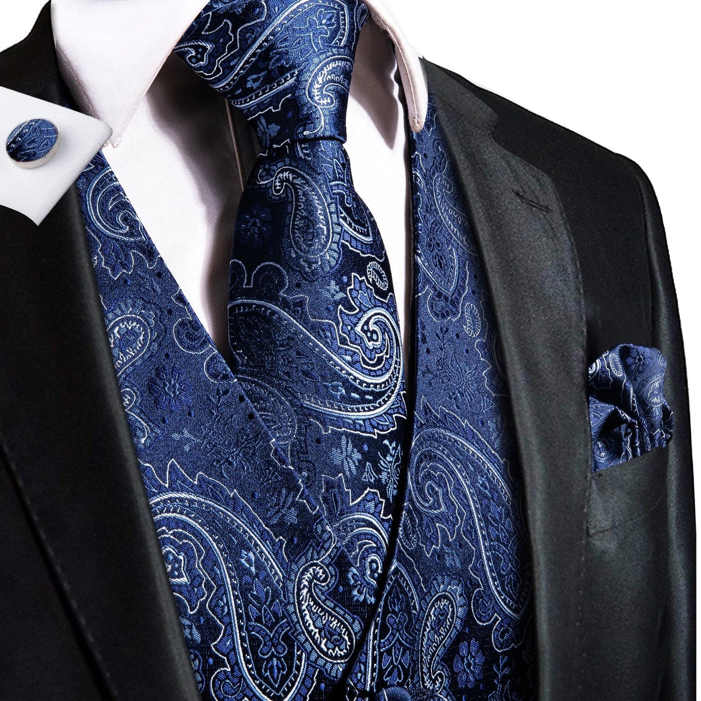 Navy Blue Mens Vest Formal Paisley Waistcoat Jacket Tie Handkerchief Cufflinks Set For Male Dress Suit Wedding Party